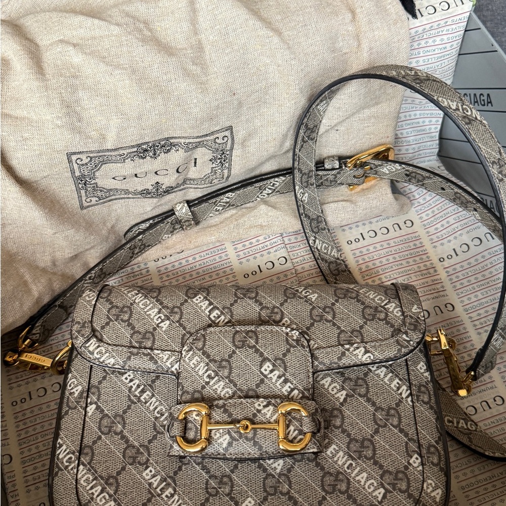 Balenciaga Monogram Shoulder Bag in Gray and Gold
